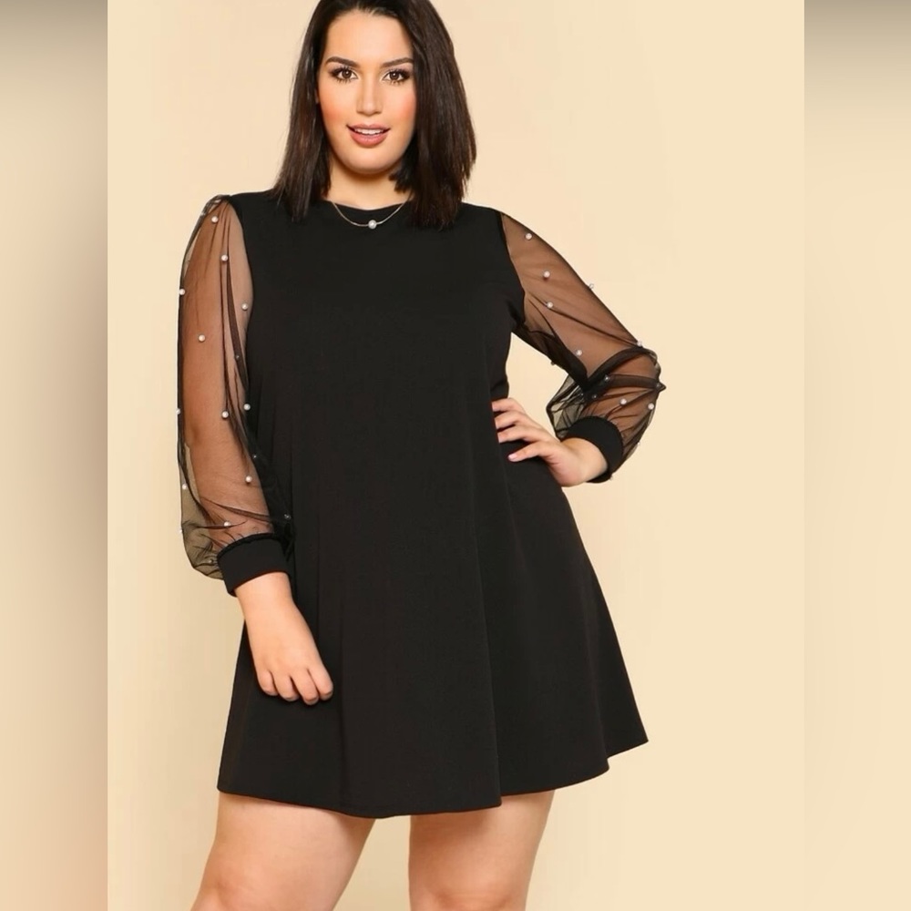 SHEIN Privé Plus Pearl Beading Mesh Sleeve Dress
